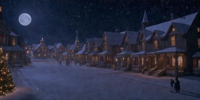 The primary subject of the image is a snow-covered town with a row of houses. The setting is a winter night, and the visual style appears to be a digital art or illustration. The dominant colors are white and gray, creating a cold and serene atmosphere. The town is decorated with Christmas lights, adding a festive touch to the scene.